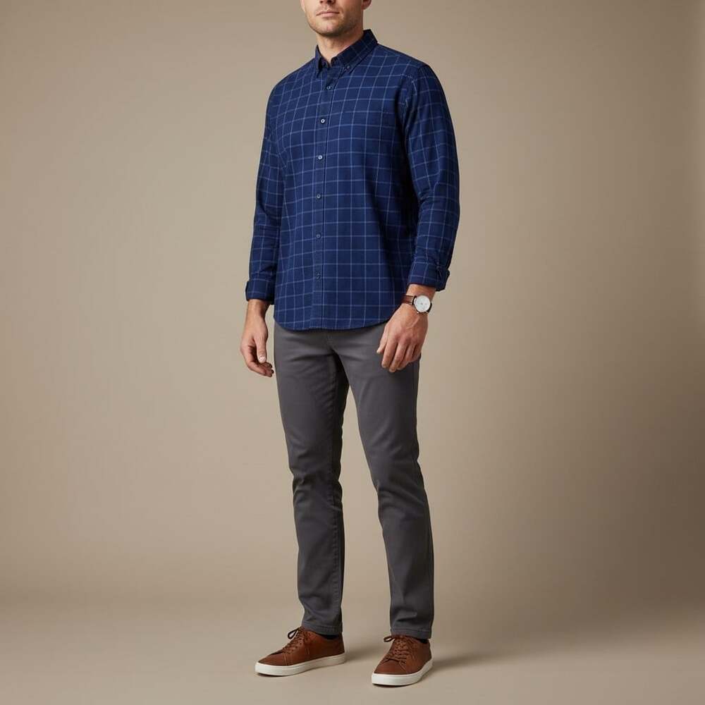 Ben Sherman Tailored Skinny Fit Navy Windowpane Shirt Mens 16 34-35 Long Sleeve